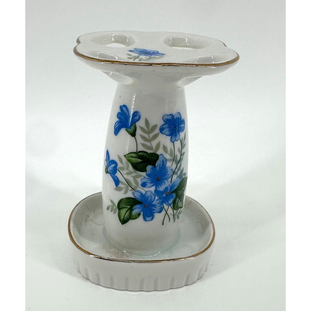 Vintage Ceramic Toothbrush Holder Blue Floral Gold Trim Made in Japan Vanity
